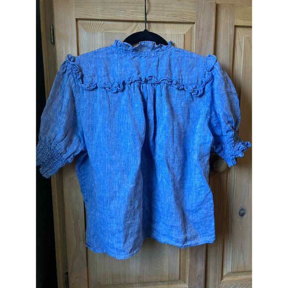 The Shirt by Rochelle Behrens | 100% Linen Smocked Ruffled Blouse | Medium - Picture 4 of 5